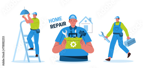 Handyman service set. Repair worker, builder holding working tools and screwing light bulbs. Flat vector illustration isolated on white background.
