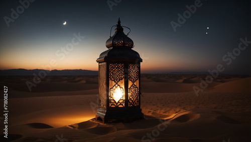 Islamic lantern in the desert at night