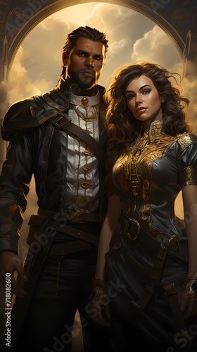 Elegant figures in steampunk-inspired attire, standing on clouds that resemble gears and cogs, creating a scene that blends the ethereal with the mechanical