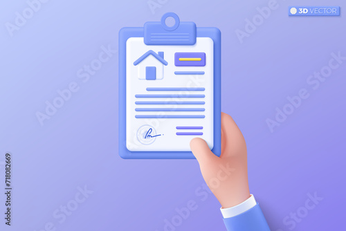 Real estate contract on 3D clipboard icon symbol. Mortage home, Purchase, Loan, lease, Rental and selling real estate business concept. 3D vector isolated illustration, Cartoon pastel Minimal style.