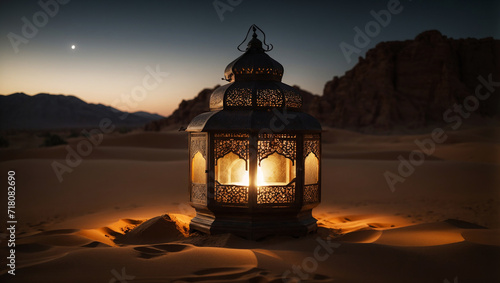 Islamic lantern in the desert at night