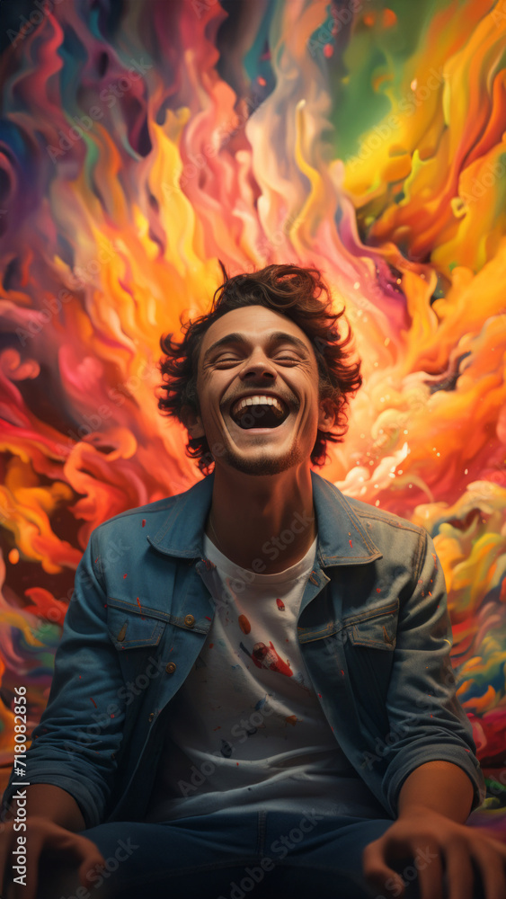 Excited man, shouts, surrounded by colorful burst. Energetic, lively and joyful individual expressing happiness, with vibrant colors symbolizing enthusiasm and vivid energy. Excited man, shouts, surrounded by colorful burst. Energetic, lively and joyful individual expressing happiness, with vibrant colors symbolizing enthusiasm and vivid energy.