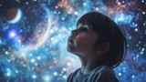 You child looking up in wonder at the starry night sky. Planetarium visit with planets, moons, and stars. Little kid interested in science and space.