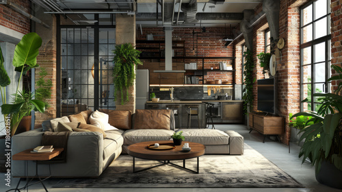 Living room interior in loft, industrial style. Generative Ai