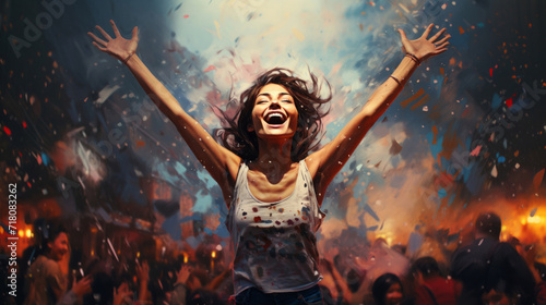 Happy woman, vibrant confetti and colorful joy. Joyful, lively and radiant lady in a spectrum of colors, symbolizing celebration, happiness and dynamic energy. A vibrant moment of pure delight. © StevensBot/Peopleimages - AI