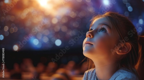 You child looking up in wonder at the starry night sky. Planetarium visit with planets, moons, and stars. Little kid interested in science and space. photo
