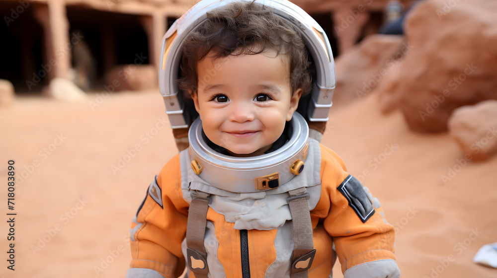 Little child in space suit wearing helmet Little child in space suit wearing helmet