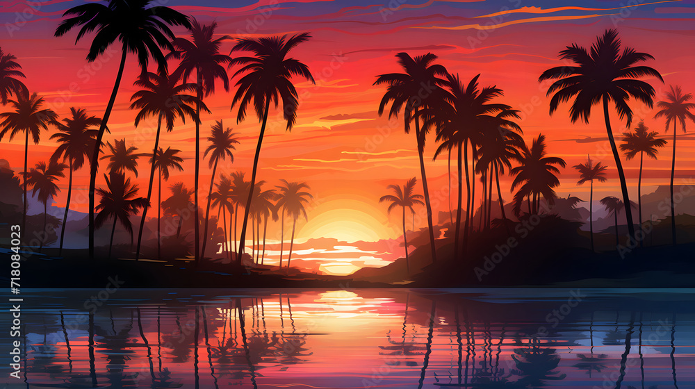 Silhouette of coconut trees on the beach at sunset