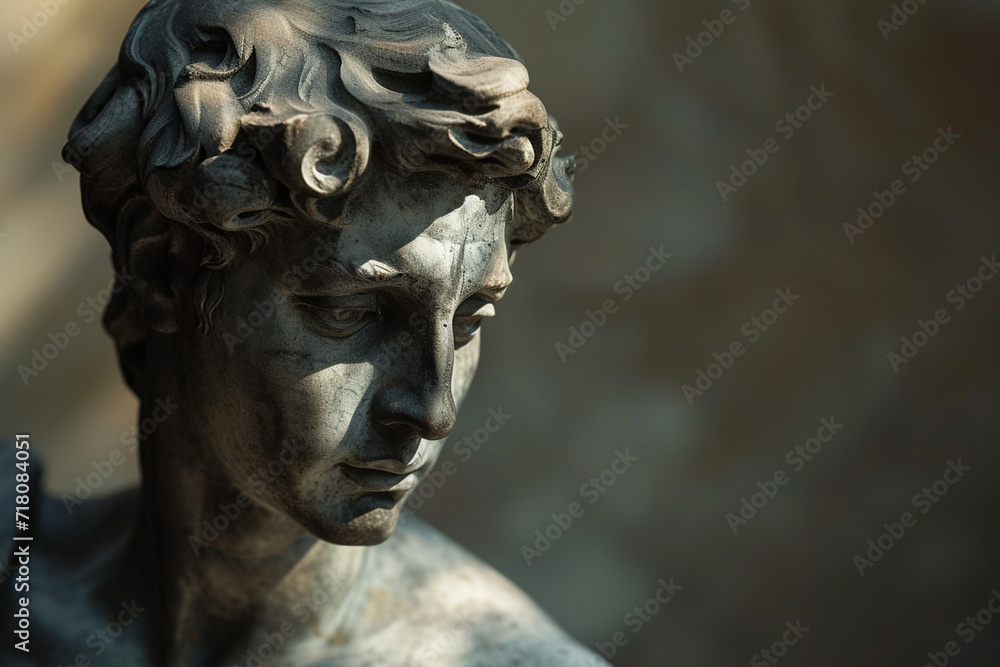 contours of a sculpted figure, with dramatic shadows and a fancy modern blurry background, accentuating the artistry and grace of the statue