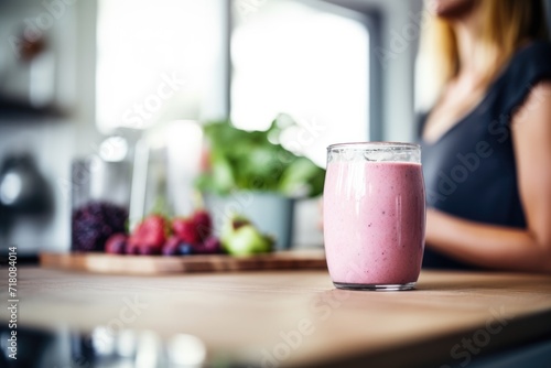 Healthy fresh smoothie on kitchen countertop with woman in background