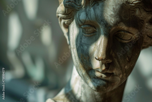 contours of a sculpted figure, with dramatic shadows and a fancy modern blurry background, accentuating the artistry and grace of the statue