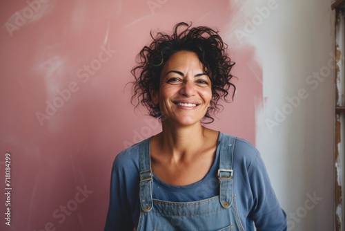 Portrait of a middle aged hispanic female worker plastering walls photo