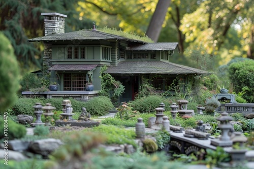 a side angle view of A beryl green tripple story craftsman building with a backyard and a series of small, stone garden sculptures photo