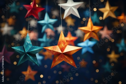 Colorful Hanging Stars with Glittery Background