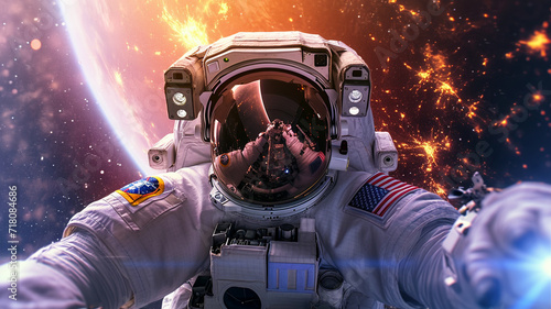 .A photograph of an astronaut taking a selfie while floating near a celestial body
