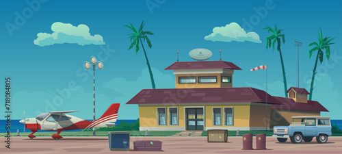 Airport building with control tower on the tropical coast. Runway, light tower, single engine airplane, boxes and luggage. Cargo delivery, passenger air transportation, infrastructure. Vector cartoon photo