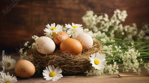 A bunch of eggs sitting on top of a bunch of flowers. Rustic Easter background