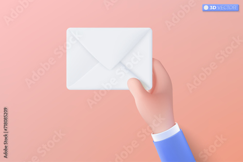 3d hand and whilte mail envelope icon symbol. Render email notification with letters, lay off, be fired from the company, donate concept. 3D vector isolated illustration, Cartoon pastel Minimal style. photo