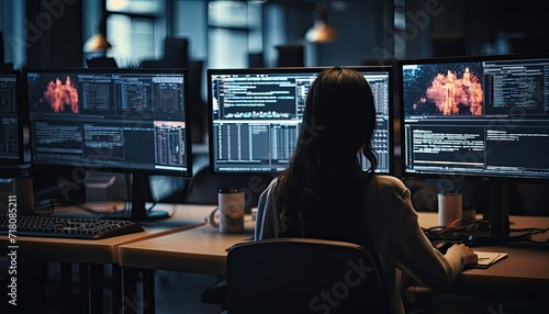 Back view of female programmer working on multiple computer screens in dark office