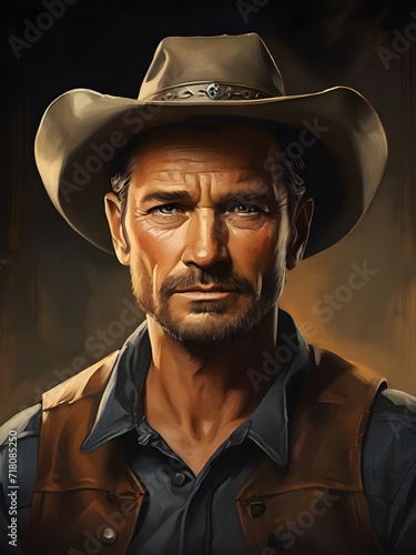Portrait of a man with cowboy hat. Generative AI