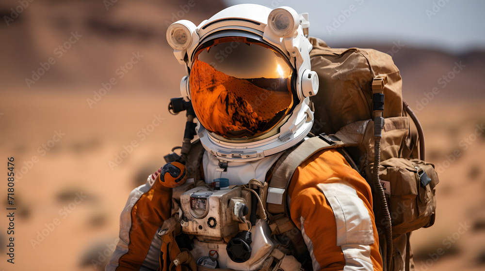 Astronaut Standing on the Rocky Mountain of the Alien Red Planet Mars.