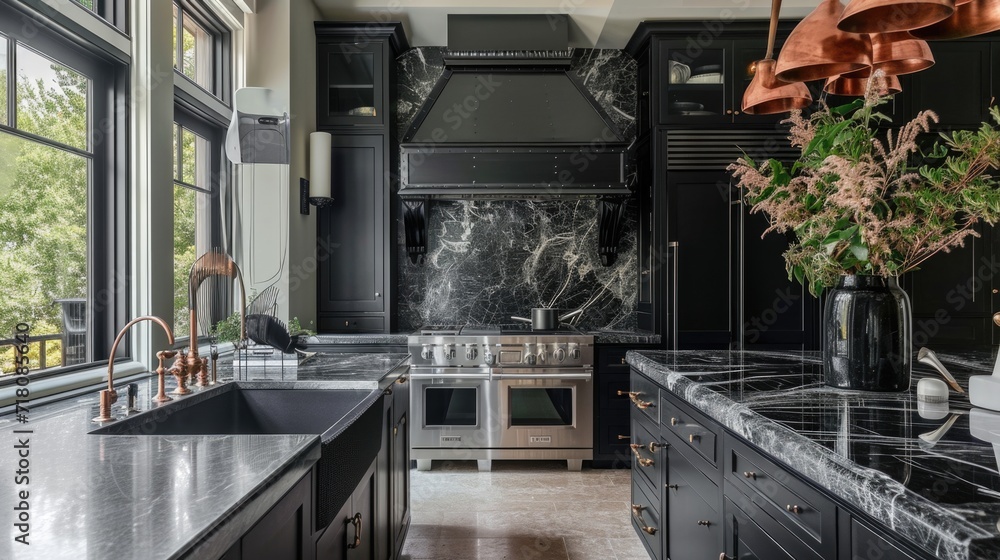 Modern Kitchen with Black Marble and Copper