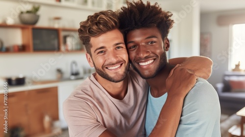 Close-up of an African American and Caucasian gay couple having fun at home.