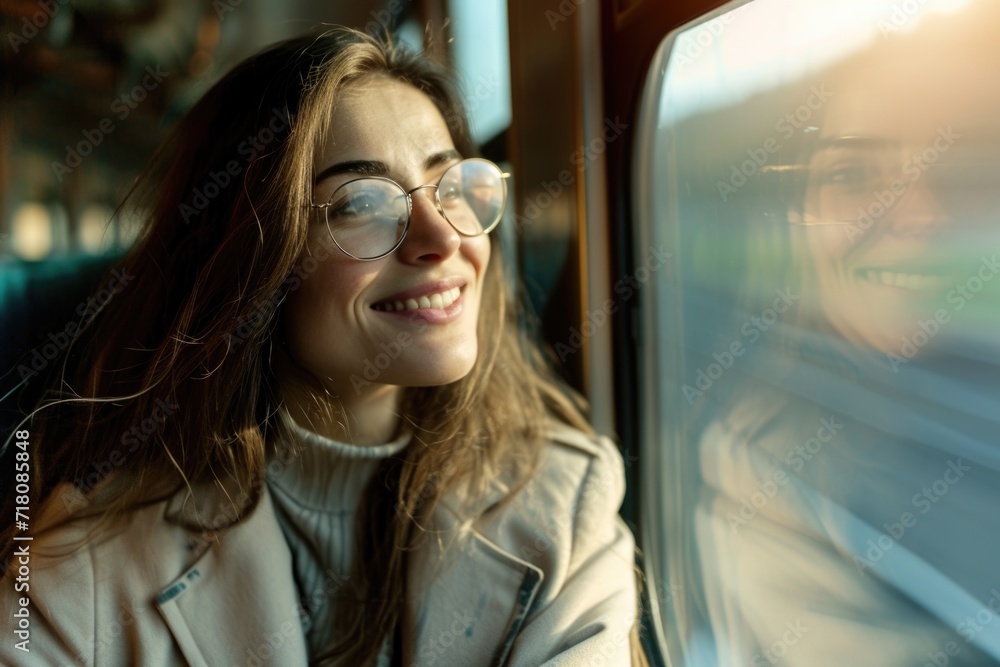 Smiling Woman Gazing Out Train Window Smiling Woman Gazing Out Train Window