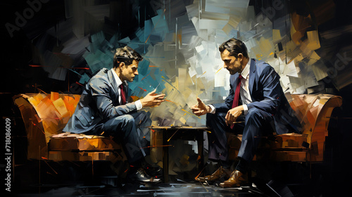 Vibrant painting of two businessmen engrossed in a vibrant, abstract conversation photo