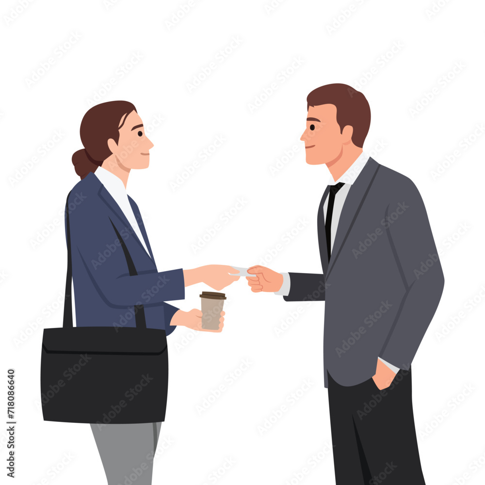 Businessman and Business woman exchanging business name cards. Flat vector illustration isolated on white background