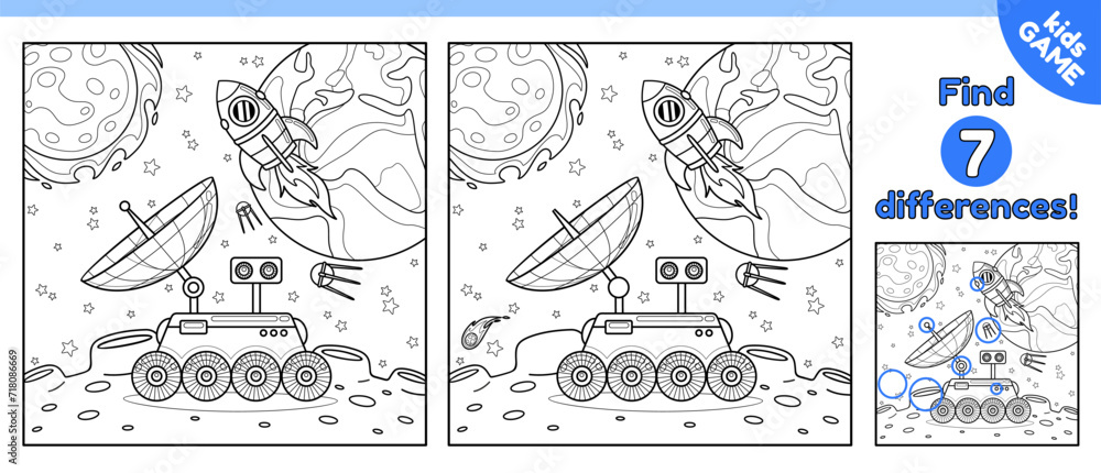 Kids space game Find 7 differences. Outline puzzle. Spot the different details. Cartoon lunar rover on the surface of the Moon. Vector contour design perfect for coloring page and baby activity book.