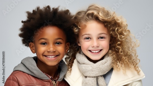 Cheerful African girl and Caucasian girl hugging, bundled in winter attire.