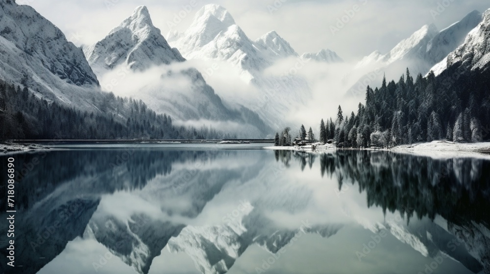 Snow-capped mountains reflecting in a crystal-clear winter lake.