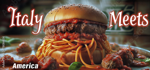 Spaghetti burger, Hamburger, Italian fast food, Americanized dish, Macaroni, Banner. THE INCREDIBLE COLUMBUS DAY BURGER. After the Italian navigator set foot in the United States for the first time...