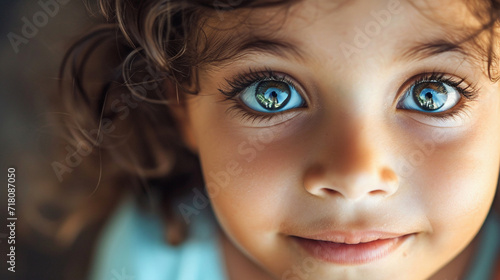 Candid shot of a child's innocent and curious expression, capturing the wonder and joy in their eyes, remarkable faces, child portrait, hd, candid with copy space photo
