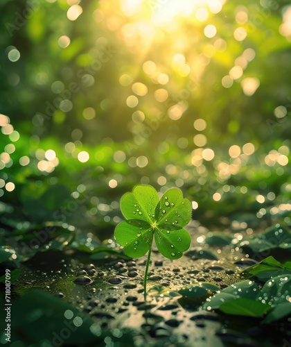 a three leaf clover on the ground, in the style of god rays