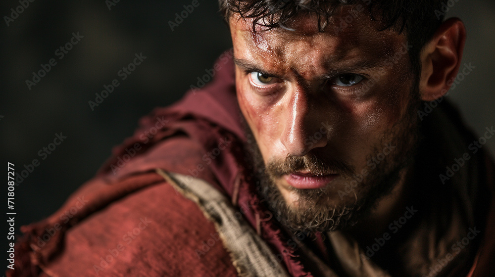 Dramatic close-up of an actor portraying a character on stage, showcasing the versatility and emotion in their performance, remarkable faces, actor portrait, hd, dramatic with copy