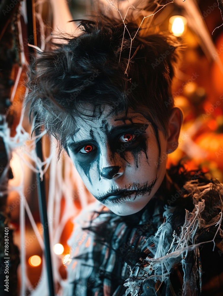 Child in Creepy Halloween Costume,
Close-up of a young child dressed in a spooky Halloween costume with striking makeup
