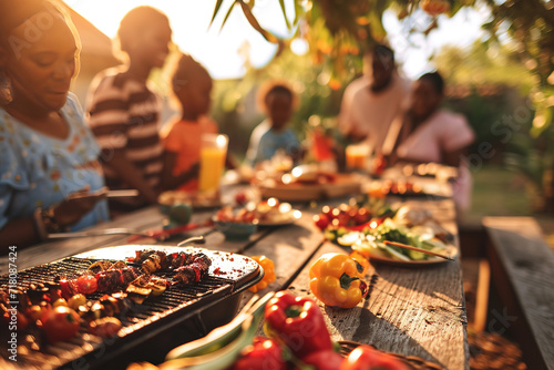 a black african american family and friends having a picnic barbeque grill in the garden. having fun eating and enjoying time. sunny day in the summer.