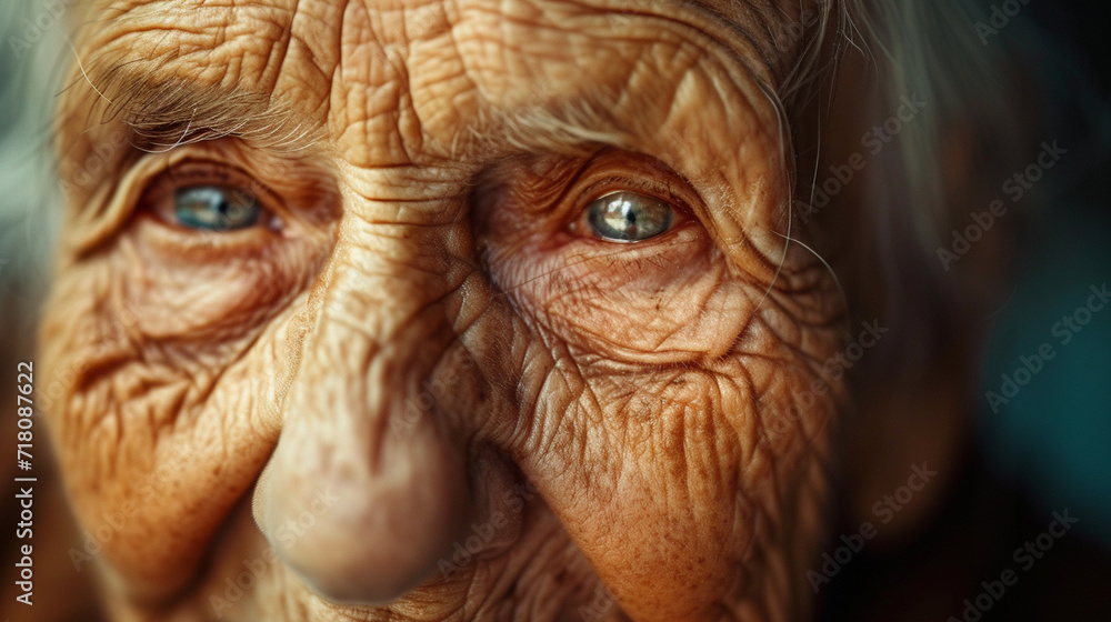 A close-up portrait of an elderly person with wrinkles that tell a lifetime of stories, remarkable faces, portrait, hd, expressive with copy space