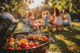 a american family and friends having a picnic barbeque grill in the garden. having fun eating and enjoying time. sunny day in the summer.