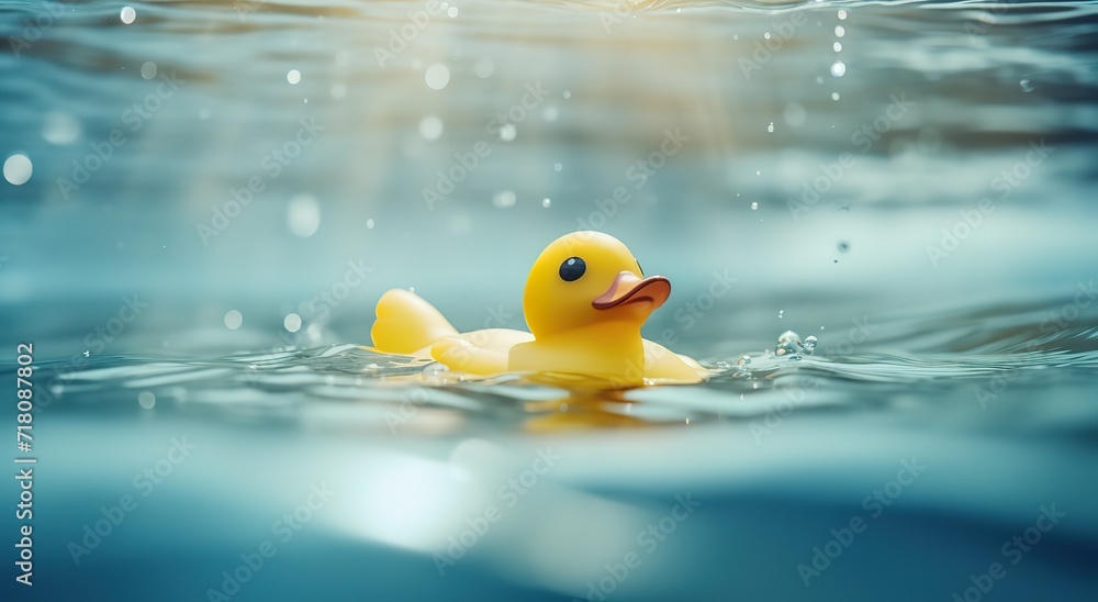 A yellow rubber duck was photographed on clear water. generative AI A yellow rubber duck was photographed on clear water. generative AI