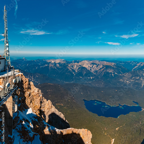 High resolution stitched alpine summer panorama with Lake Eibsee seen from Mount Zugspitze, Top of Germany, Garmisch-Partenkirchen, Bavaria, Germany