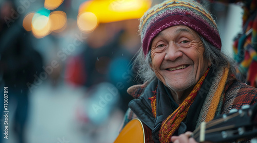 Candid photo of a street performer, capturing the joy and spontaneity in their facial expressions, remarkable faces, street performer portrait, hd, joyful with copy space