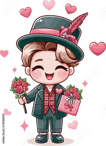 valentines day cartoon boy holding flowers