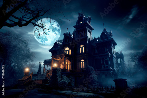 Creepy old mansion in the moonlight.
