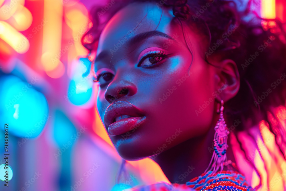 Vivid Portrait of Woman in Neon Lights.
Striking female portrait amidst neon city lights. Vivid Portrait of Woman in Neon Lights.
Striking female portrait amidst neon city lights.
