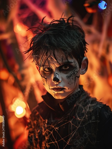 Child in Creepy Halloween Costume, Close-up of a young child dressed in a spooky Halloween costume with striking makeup 