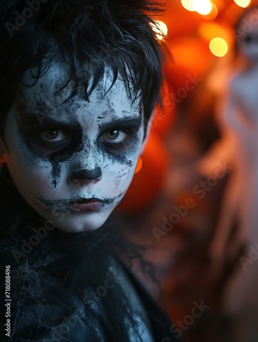 Child in Creepy Halloween Costume, Close-up of a young child dressed in a spooky Halloween costume with striking makeup 