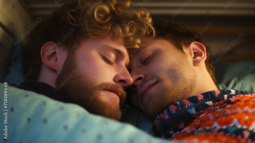 Close-up of a happy gay couple lying with their eyes closed on a bed at home. Tender moments together, love concepts. Close-up of a happy gay couple lying with their eyes closed on a bed at home. Tender moments together, love concepts.